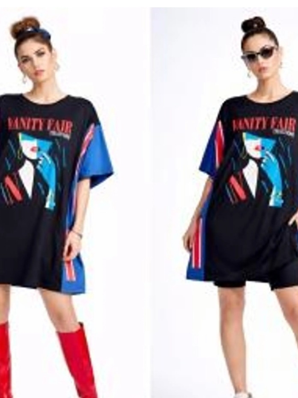 Ella Black Mini Dress with Blue Panels and Red Graphic